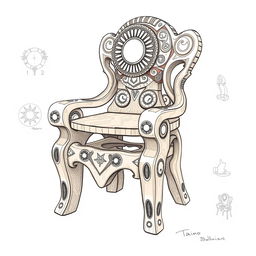 A detailed sketch inspired by a Taíno chair, showcasing intricate carvings and traditional motifs