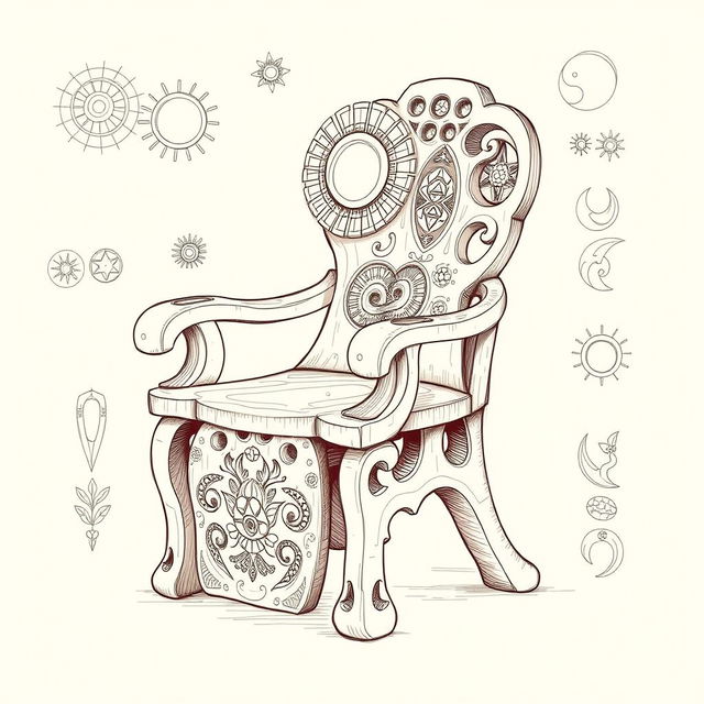 A detailed sketch inspired by a Taíno chair, showcasing intricate carvings and traditional motifs