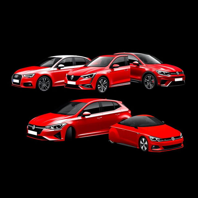 A collection of different car models displayed on a black background: an Audi A1 in sleek design, a red BMW X2 showcasing its sporty aesthetics, a striking red Renault Megane with its modern silhouette, and a vibrant red Volkswagen Golf with a dynamic angle