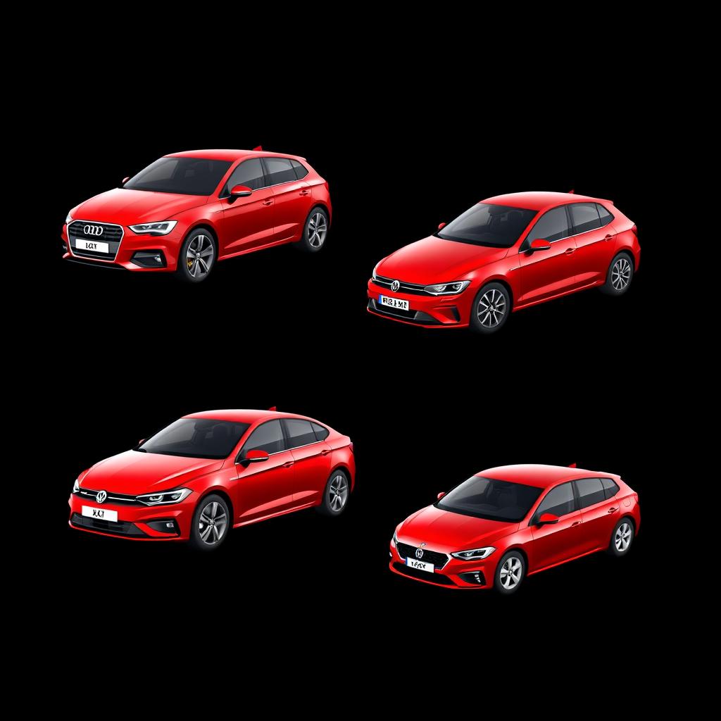 A collection of different car models displayed on a black background: an Audi A1 in sleek design, a red BMW X2 showcasing its sporty aesthetics, a striking red Renault Megane with its modern silhouette, and a vibrant red Volkswagen Golf with a dynamic angle