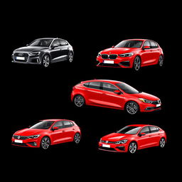 A collection of different car models displayed on a black background: an Audi A1 in sleek design, a red BMW X2 showcasing its sporty aesthetics, a striking red Renault Megane with its modern silhouette, and a vibrant red Volkswagen Golf with a dynamic angle