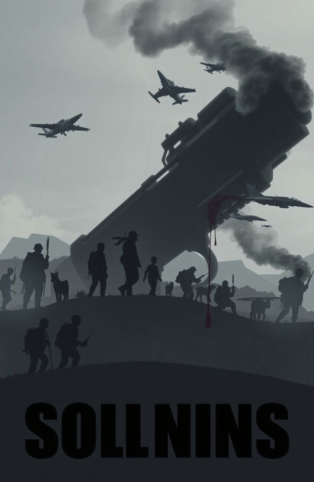 A strikingly cinematic and dystopian scene featuring bold black font overlaying a background of grey silhouettes depicting soldiers alongside a boy and various animals