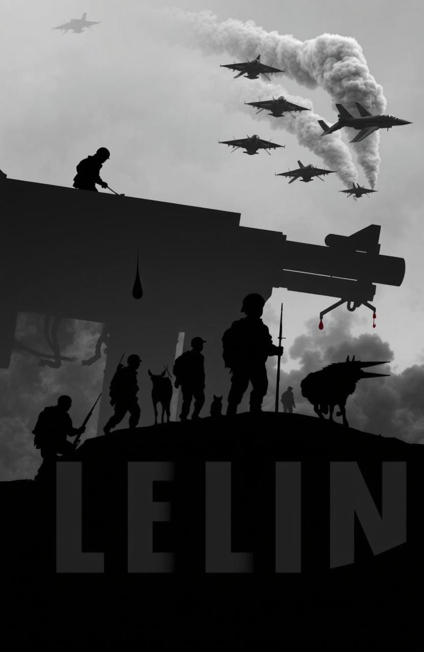 A strikingly cinematic and dystopian scene featuring bold black font overlaying a background of grey silhouettes depicting soldiers alongside a boy and various animals