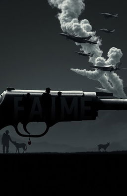 A strikingly cinematic and dystopian scene featuring bold black font overlaying a background of grey silhouettes depicting soldiers alongside a boy and various animals