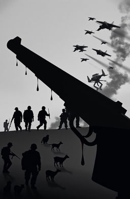A strikingly cinematic and dystopian scene featuring bold black font overlaying a background of grey silhouettes depicting soldiers alongside a boy and various animals