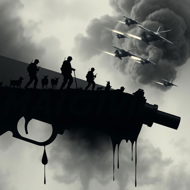 A strikingly cinematic and dystopian scene featuring bold black font intricately overlaying a background of grey silhouettes depicting soldiers alongside a boy and various animals