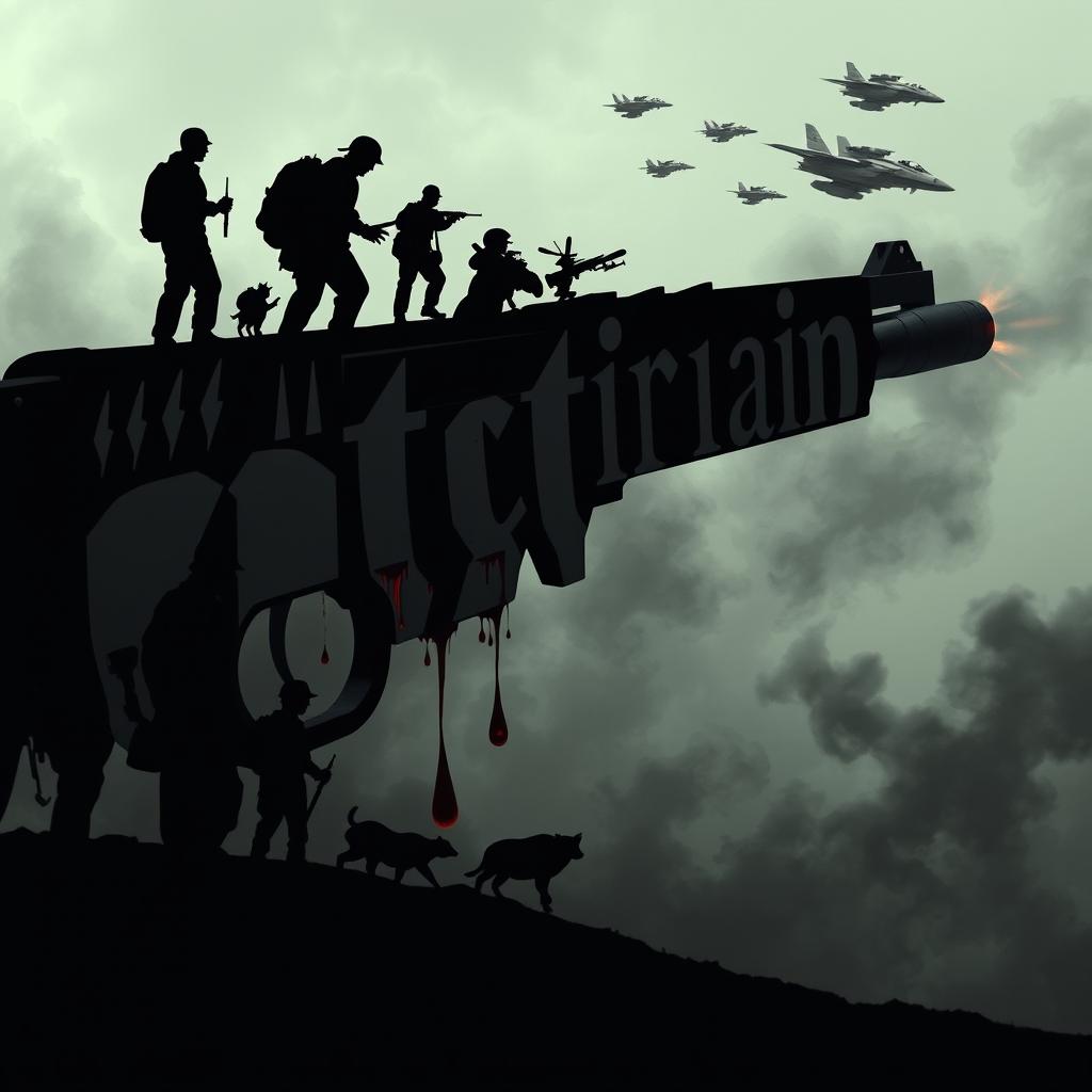 A strikingly cinematic and dystopian scene featuring bold black font intricately overlaying a background of grey silhouettes depicting soldiers alongside a boy and various animals