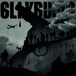 A strikingly cinematic and dystopian scene featuring bold black font intricately overlaying a background of grey silhouettes depicting soldiers alongside a boy and various animals