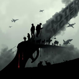 A strikingly cinematic and dystopian scene featuring bold black font intricately overlaying a background of grey silhouettes depicting soldiers alongside a boy and various animals