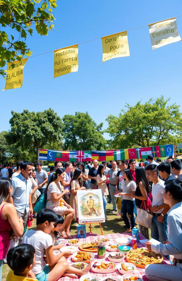 A vibrant and engaging social gathering showcasing people communicating in various languages in an open park setting