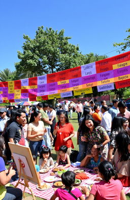 A vibrant and engaging social gathering showcasing people communicating in various languages in an open park setting
