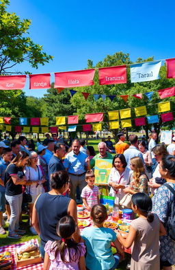 A vibrant and engaging social gathering showcasing people communicating in various languages in an open park setting