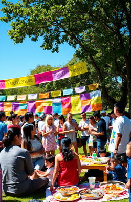 A vibrant and engaging social gathering showcasing people communicating in various languages in an open park setting