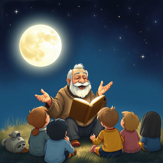 An enchanting illustration of Uncle Moon, an elderly man with a kind and gentle face, sitting outdoors at night surrounded by a circle of curious children