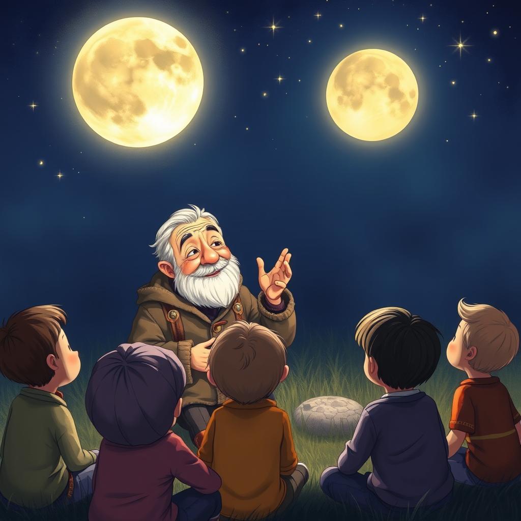 An enchanting illustration of Uncle Moon, an elderly man with a kind and gentle face, sitting outdoors at night surrounded by a circle of curious children