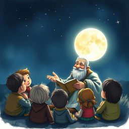 An enchanting illustration of Uncle Moon, an elderly man with a kind and gentle face, sitting outdoors at night surrounded by a circle of curious children