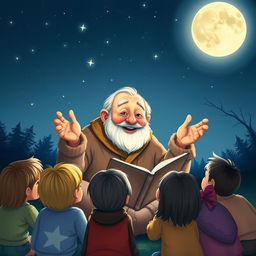 An enchanting illustration of Uncle Moon, an elderly man with a kind and gentle face, sitting outdoors at night surrounded by a circle of curious children