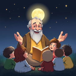 An illustration of Uncle Moon, an elderly man with a kind face, sitting outdoors on a clear night, surrounded by a group of curious children