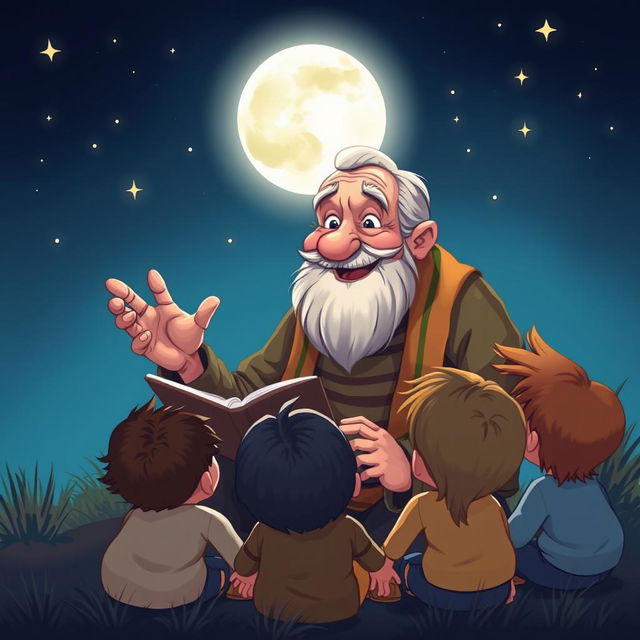 An illustration of Uncle Moon, an elderly man with a kind face, sitting outdoors on a clear night, surrounded by a group of curious children