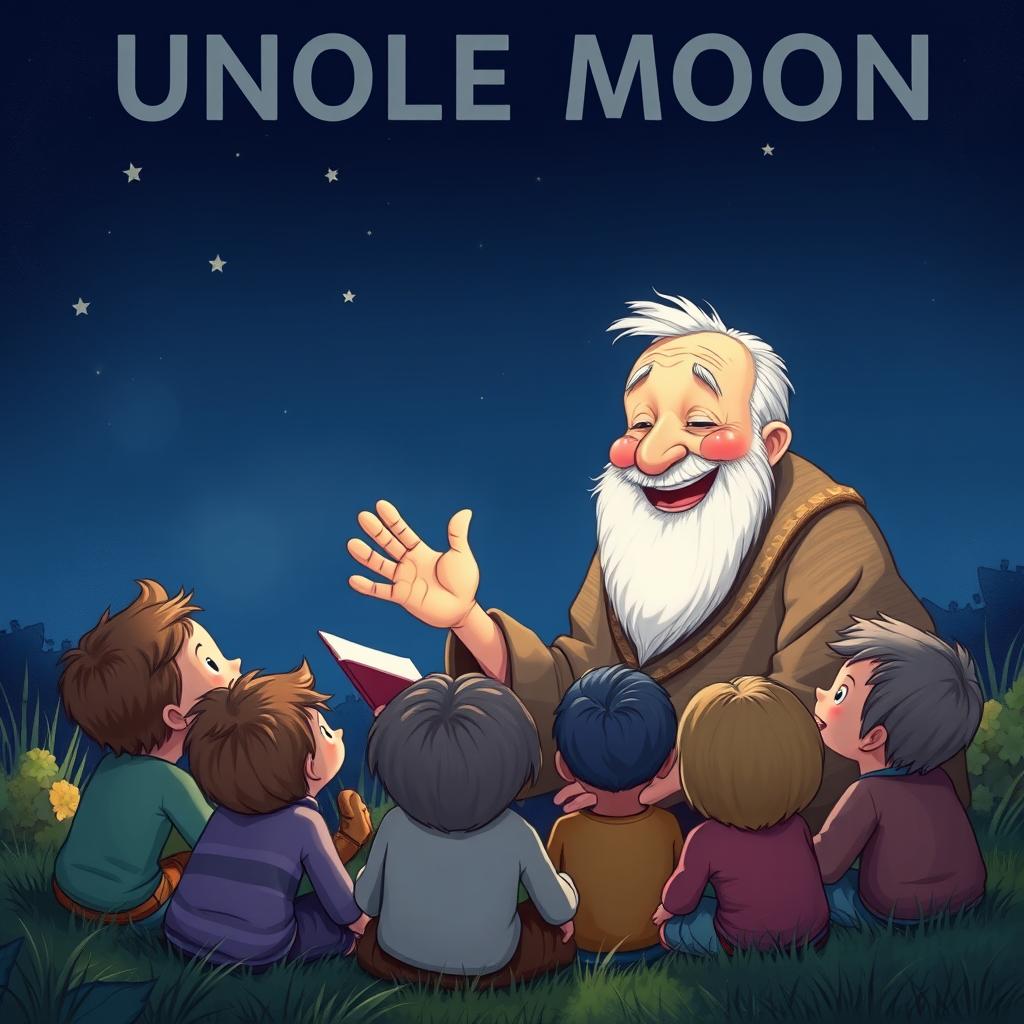 An illustration of Uncle Moon, an elderly man with a kind face, sitting outdoors on a clear night, surrounded by a group of curious children