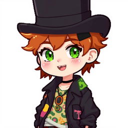 A chibi-style pixel art character of a 16-year-old ginger-haired boy, elegantly adorned with a black top hat that covers half of his head