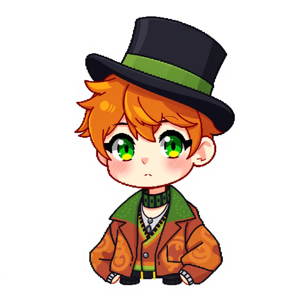 A chibi-style pixel art character of a 16-year-old ginger-haired boy, elegantly adorned with a black top hat that covers half of his head