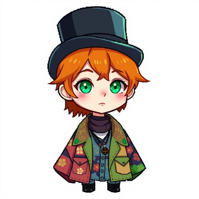 A chibi-style pixel art character of a 16-year-old ginger-haired boy, elegantly adorned with a black top hat that covers half of his head