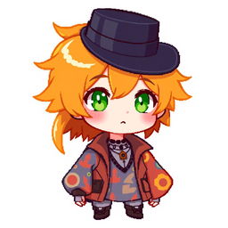 A chibi-style pixel art character of a 16-year-old ginger-haired boy, elegantly adorned with a black top hat that covers half of his head
