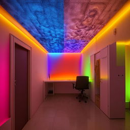 A 12 by 10 feet room featuring two beds, a computer table, two windows used as storage spaces, artistically designed walls, and a dedicated space for prayer, lit with full RGB lighting