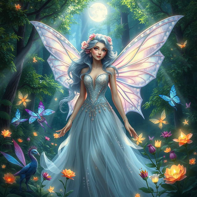 A stunning and ethereal fairy queen in an enchanted forest, surrounded by colorful magical creatures and glowing flowers