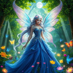 A stunning and ethereal fairy queen in an enchanted forest, surrounded by colorful magical creatures and glowing flowers