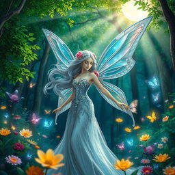 A stunning and ethereal fairy queen in an enchanted forest, surrounded by colorful magical creatures and glowing flowers