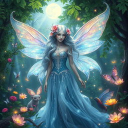 A stunning and ethereal fairy queen in an enchanted forest, surrounded by colorful magical creatures and glowing flowers