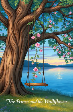 A beautiful illustration titled 'The Prince and the Wallflower', featuring a large tree with a swing hanging from its sturdy branches