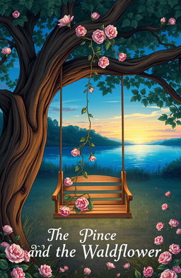 A beautiful illustration titled 'The Prince and the Wallflower', featuring a large tree with a swing hanging from its sturdy branches