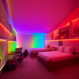 A 12 by 10 feet room featuring two beds, a computer table, two windows used as storage spaces, artistically designed walls, and a dedicated space for prayer, lit with full RGB lighting