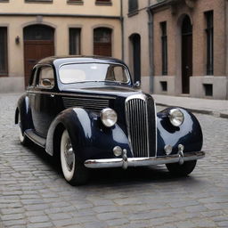 Imagine a 1940s stylized Audi, sleek and elegant with its unique grill design, chrome accents, and glossy paintwork, parked on a vintage cobblestone street