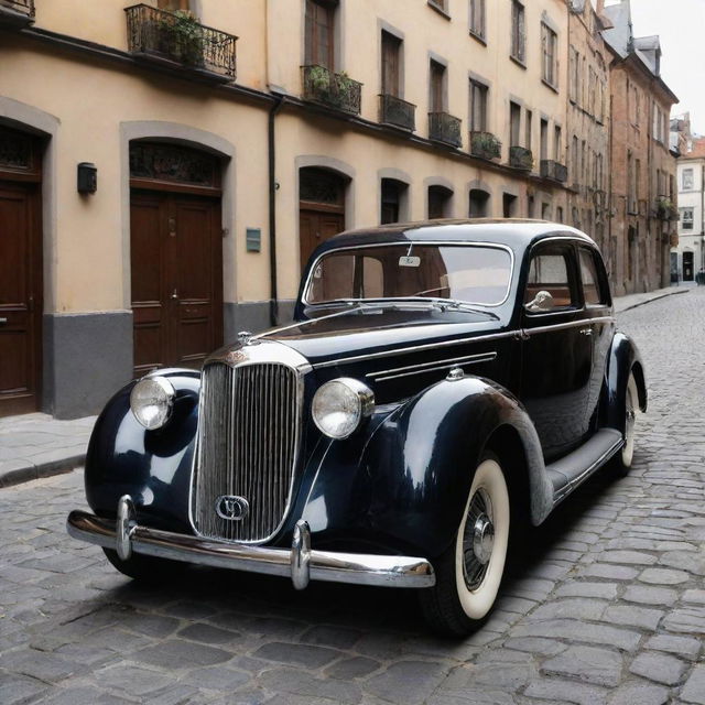 Imagine a 1940s stylized Audi, sleek and elegant with its unique grill design, chrome accents, and glossy paintwork, parked on a vintage cobblestone street