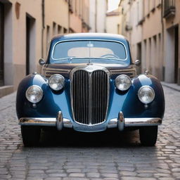 Imagine a 1940s stylized Audi, sleek and elegant with its unique grill design, chrome accents, and glossy paintwork, parked on a vintage cobblestone street