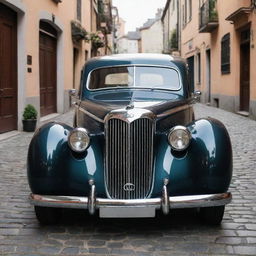 Imagine a 1940s stylized Audi, sleek and elegant with its unique grill design, chrome accents, and glossy paintwork, parked on a vintage cobblestone street