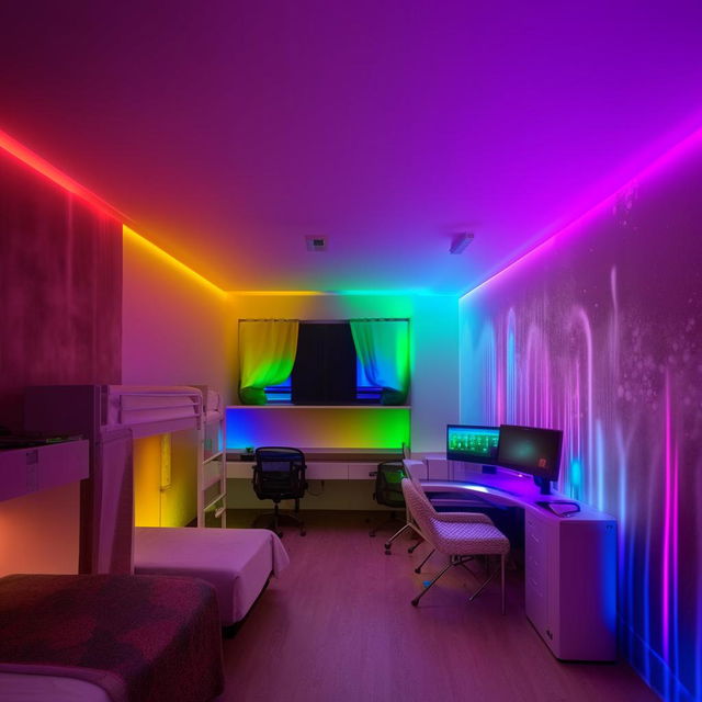 A 12 by 10 feet room featuring two beds, a computer table, two windows used as storage spaces, artistically designed walls, and a dedicated space for prayer, lit with full RGB lighting