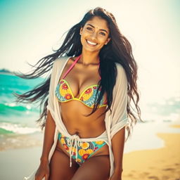 A beautiful Indian woman with long, flowing black hair, sun-kissed skin, and stunning features stands confidently on a vibrant beach