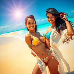 A beautiful Indian woman with long, flowing black hair, sun-kissed skin, and stunning features stands confidently on a vibrant beach