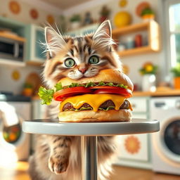 A cute cat sitting at a small table, eagerly eating a juicy cheeseburger