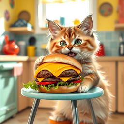 A cute cat sitting at a small table, eagerly eating a juicy cheeseburger