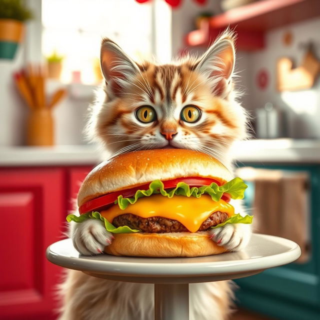 A cute cat sitting at a small table, eagerly eating a juicy cheeseburger