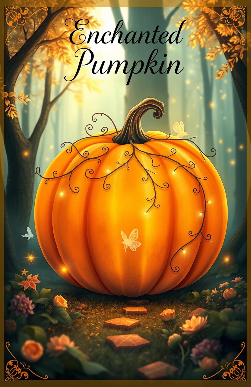 A whimsical book cover featuring a large enchanted pumpkin in a magical forest