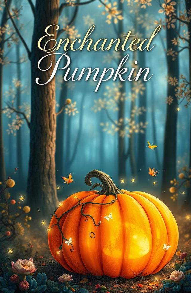 A whimsical book cover featuring a large enchanted pumpkin in a magical forest