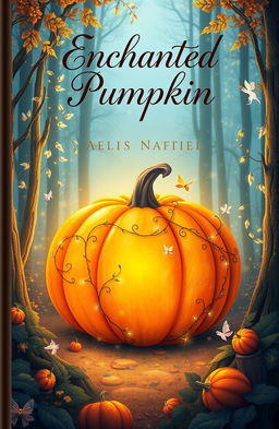 A whimsical book cover featuring a large enchanted pumpkin in a magical forest