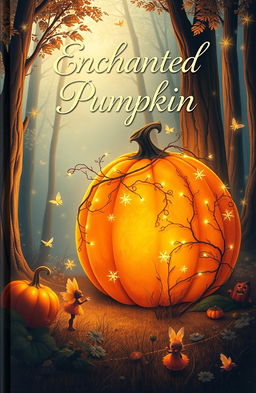 A whimsical book cover featuring a large enchanted pumpkin in a magical forest